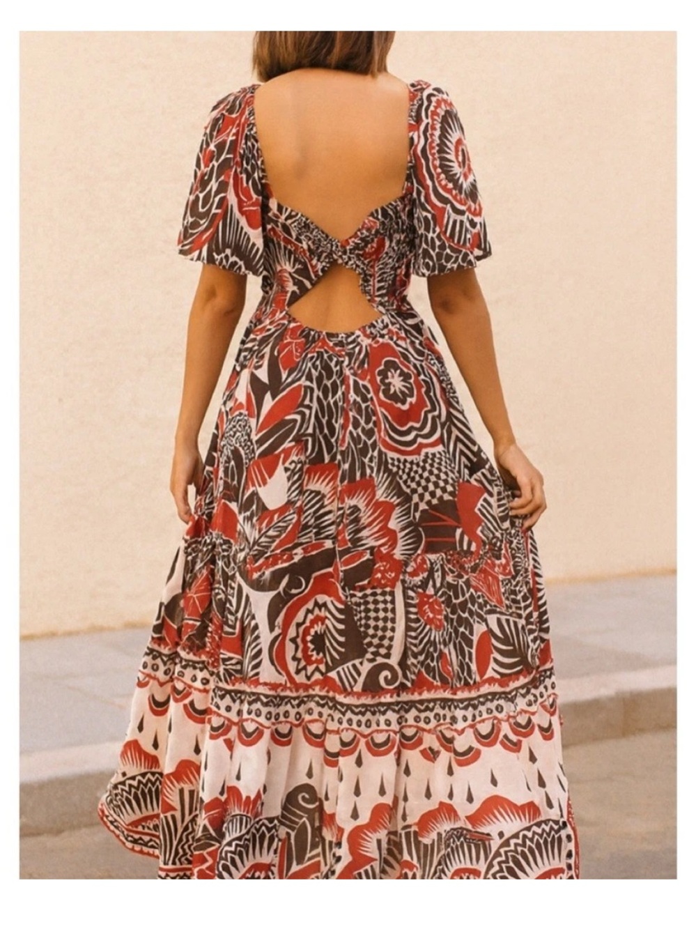 Anthropologie Geometric Boho Maxi Dress Medium M Cutout Back Flutter Sleeve - Picture 3 of 8